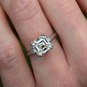 3.12Ct 8.2mm Three Stone Setting Asscher Cut Created White Sapphire